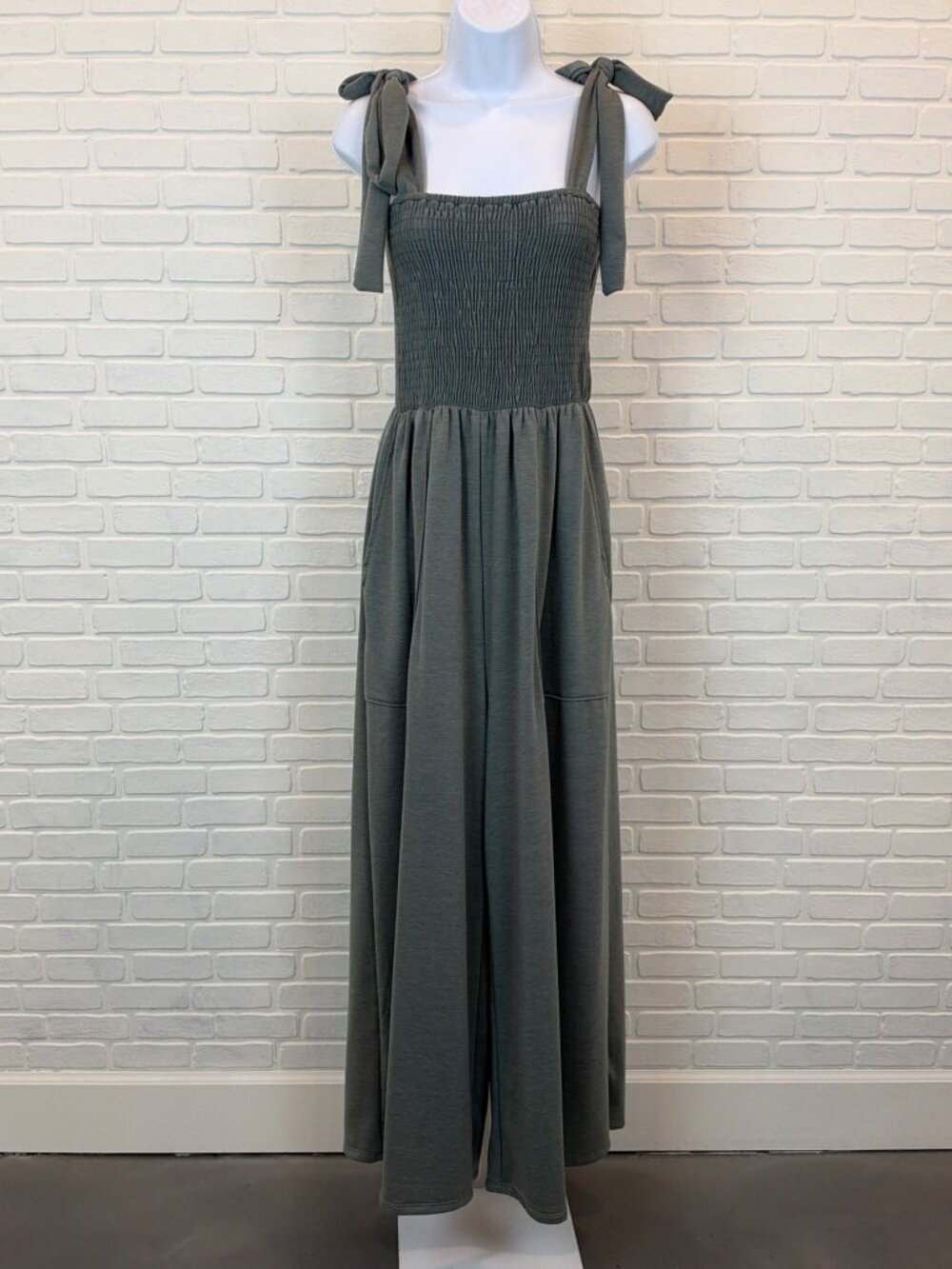 Three Bird Nest Smocked Wide-Leg Jumpsuit Olive Green Small